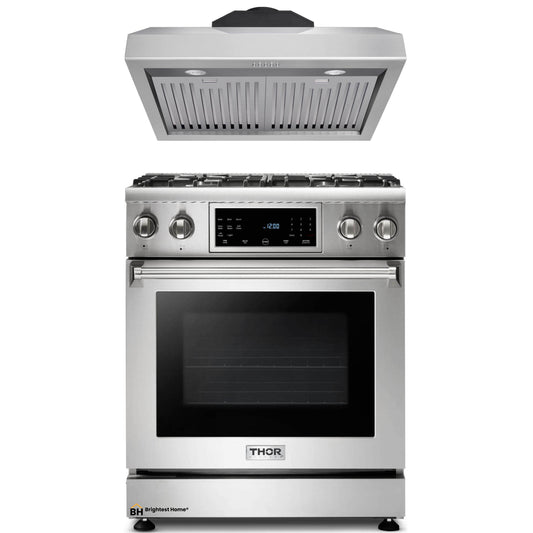 Thor Kitchen 2-Piece Appliance Package - 30-Inch Gas Range with Tilt Panel & Premium Under Cabinet Hood in Stainless Steel