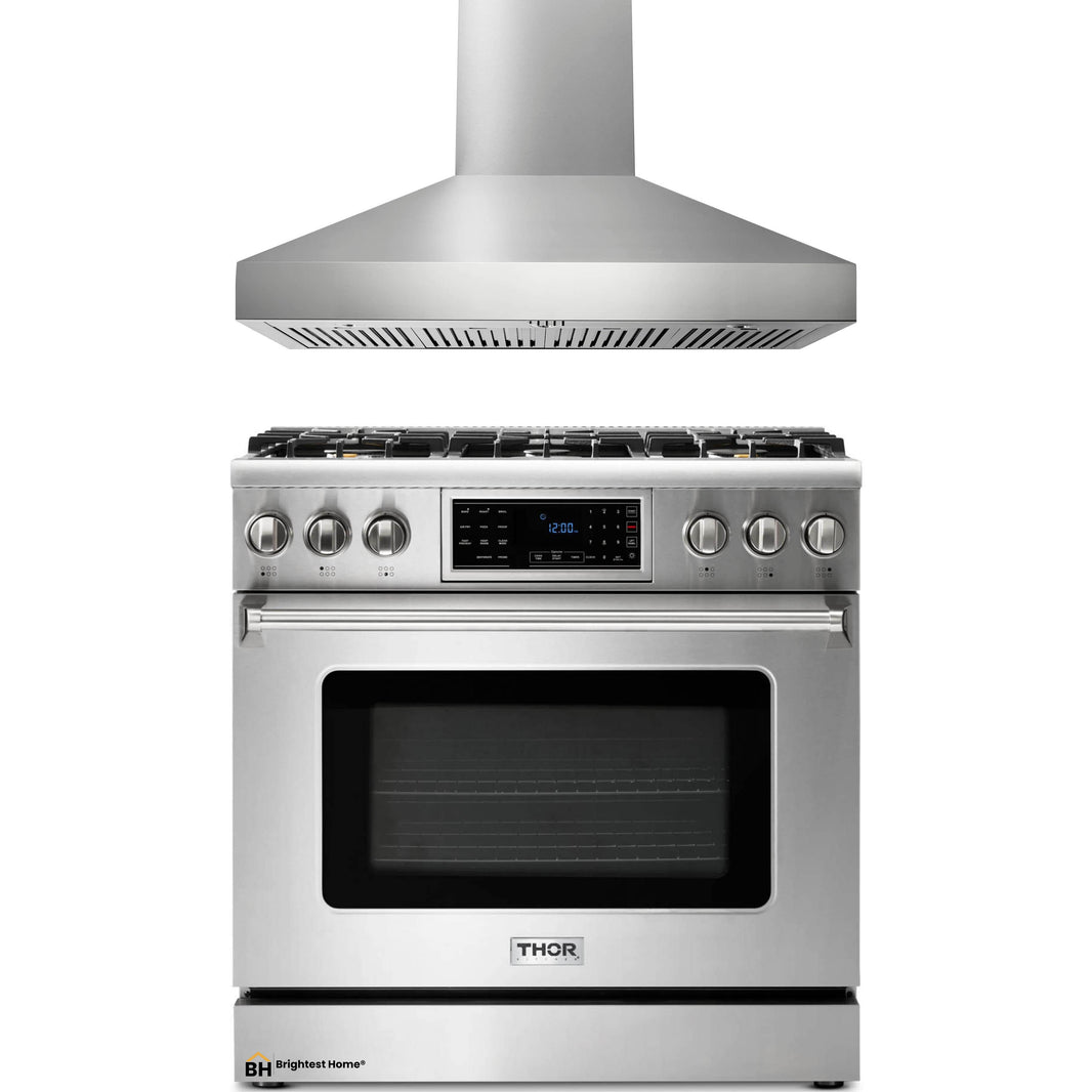 Thor Kitchen 2-Piece Appliance Package - 36-Inch Gas Range with Tilt Panel & Pro-Style Wall Mount Hood in Stainless Steel