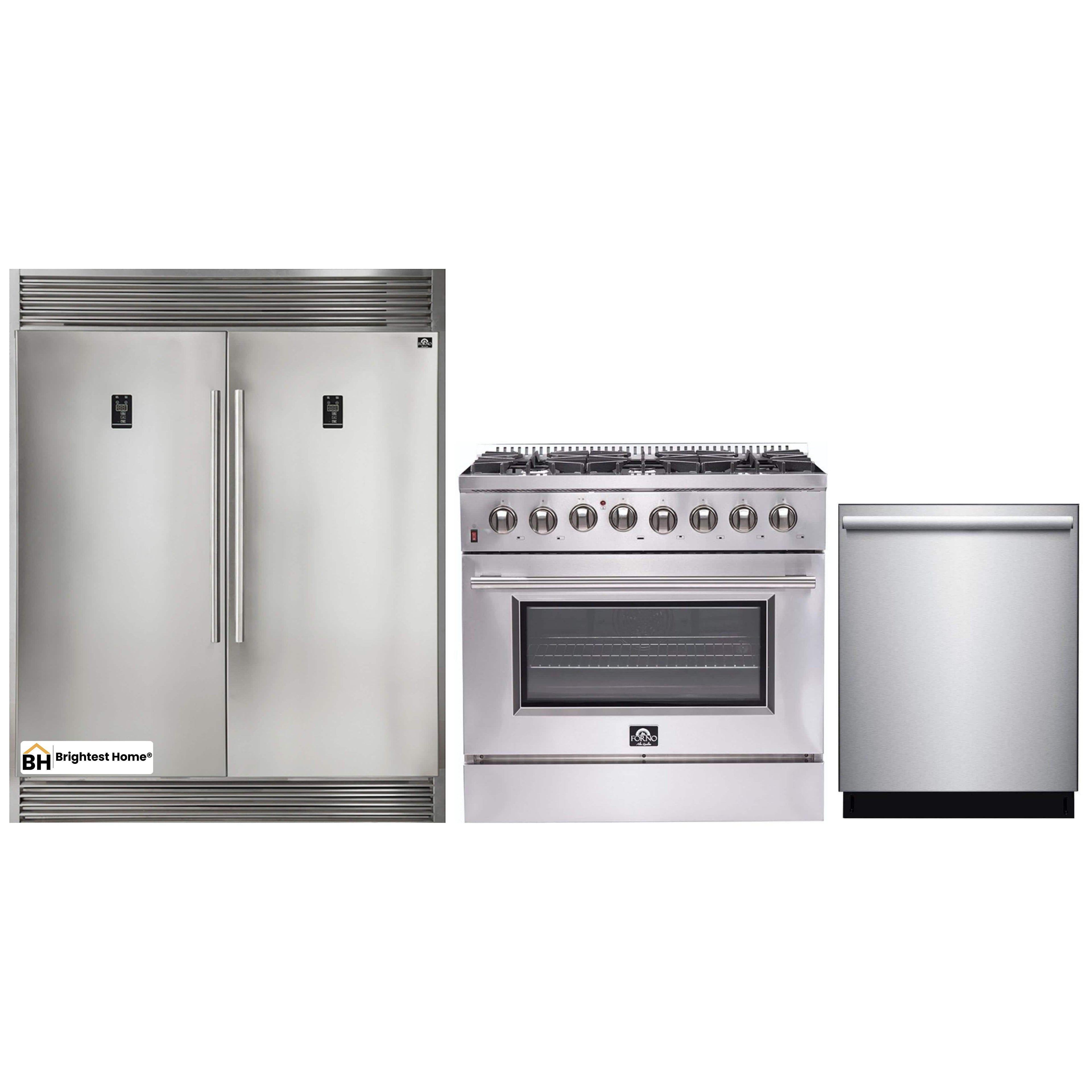 Forno 3-Piece Appliance Package - 36-Inch Dual Fuel Range, Pro-Style Refrigerator, and Dishwasher in Stainless Steel