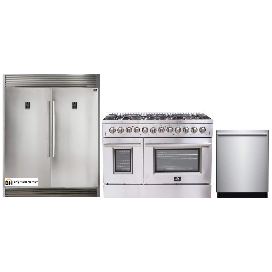 Forno 3-Piece Appliance Package - 48-Inch Dual Fuel Range, Pro-Style Refrigerator, and Dishwasher in Stainless Steel