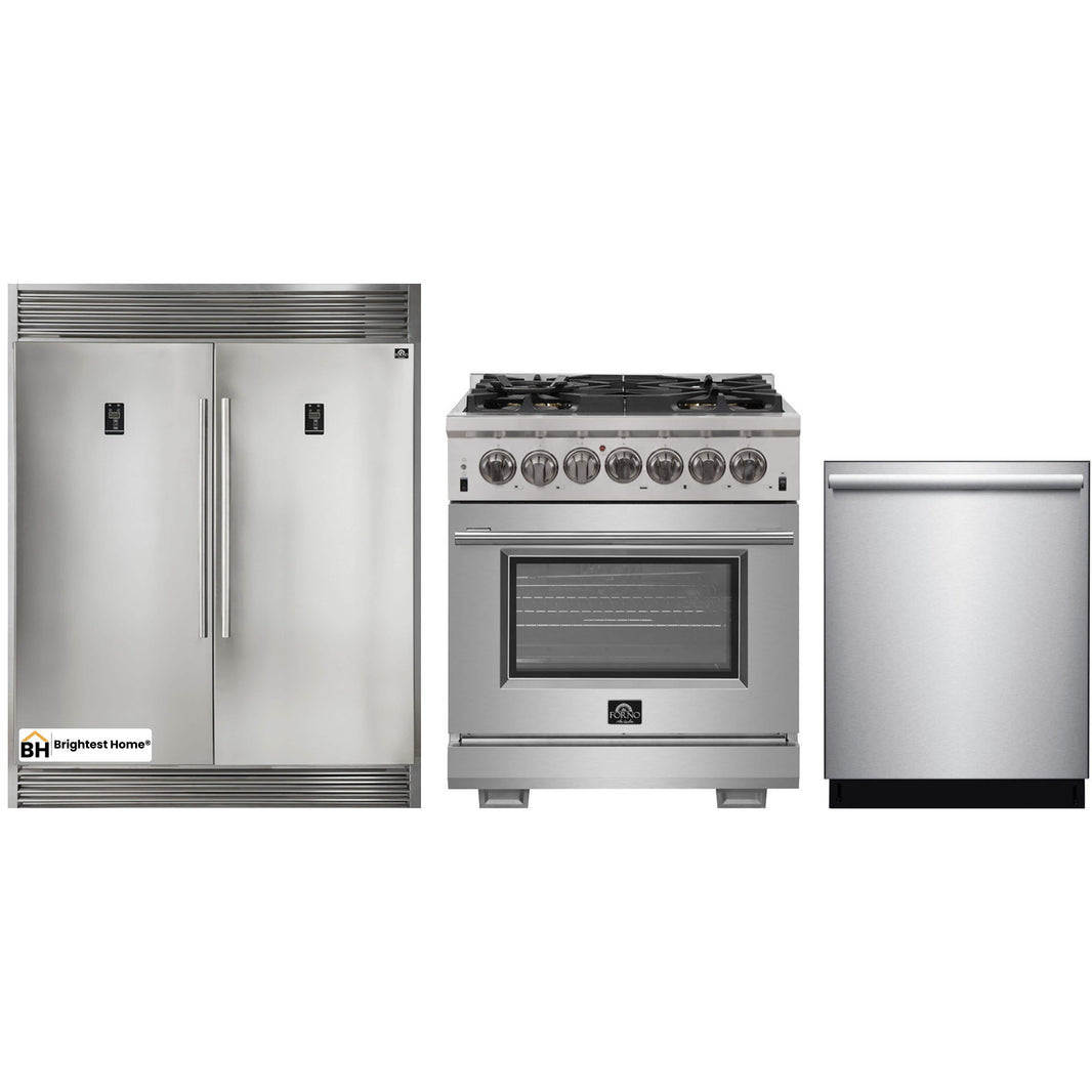 Forno 3-Piece Pro Appliance Package - 30-Inch Dual Fuel Range, Pro-Style Refrigerator, and Dishwasher in Stainless Steel