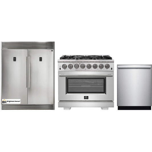 Forno 3-Piece Pro Appliance Package - 36-Inch Dual Fuel Range, Pro-Style Refrigerator, and Dishwasher in Stainless Steel