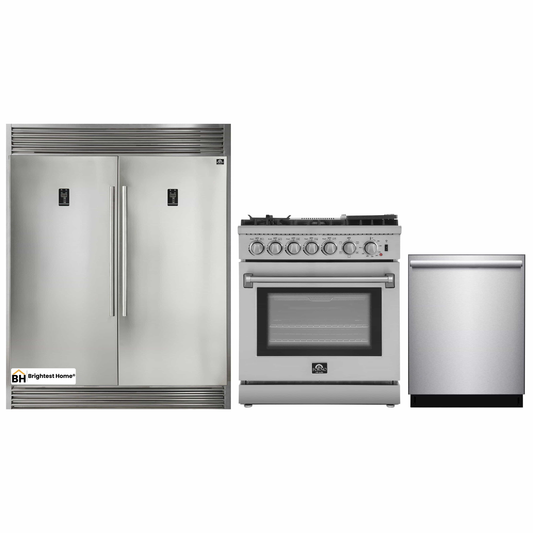 Forno 3-Piece Appliance Package - 30-Inch Dual Fuel Range with Air Fryer, Pro-Style Refrigerator, and Dishwasher in Stainless Steel