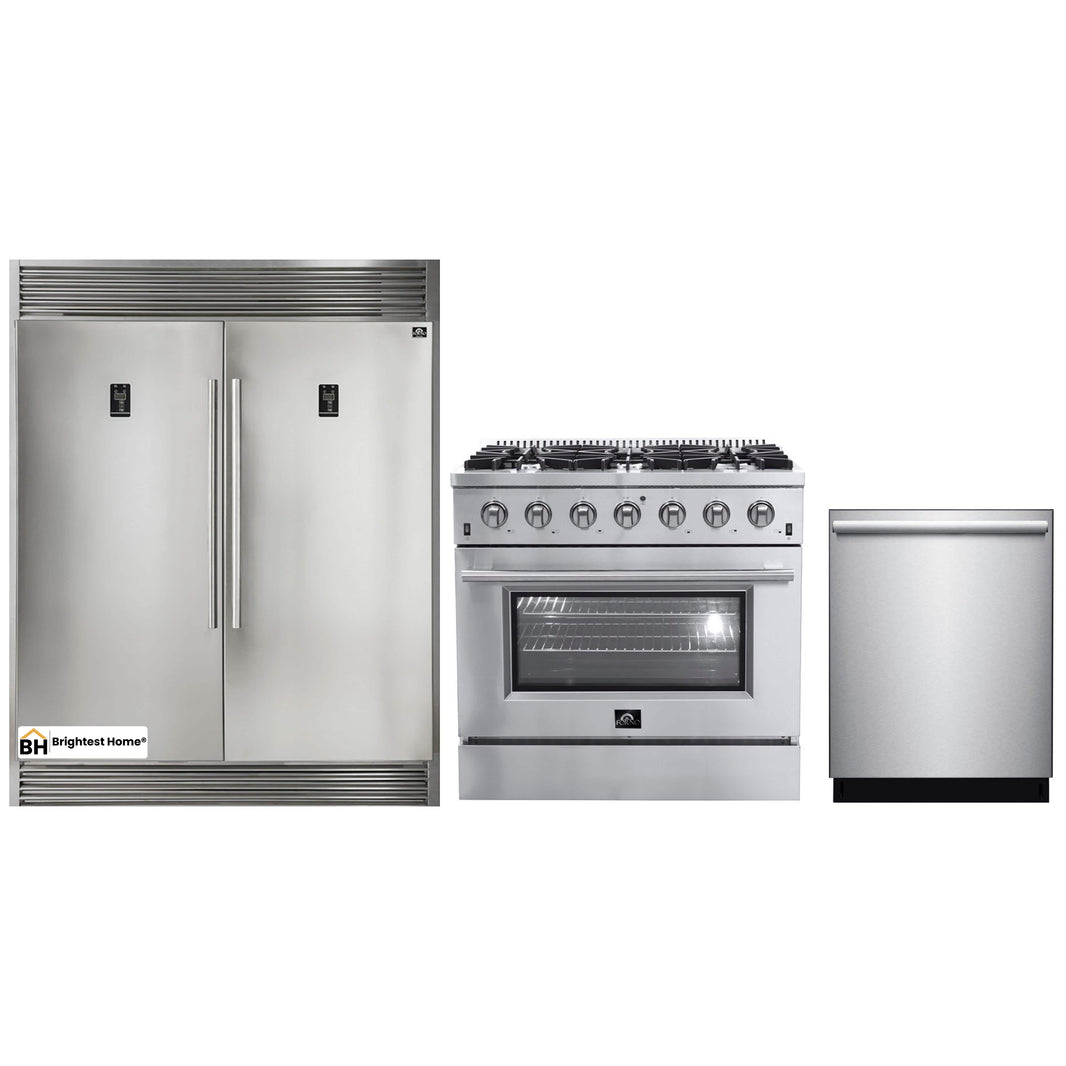 Forno 3-Piece Appliance Package - 36-Inch Gas Range, Pro-Style Refrigerator, and Dishwasher in Stainless Steel