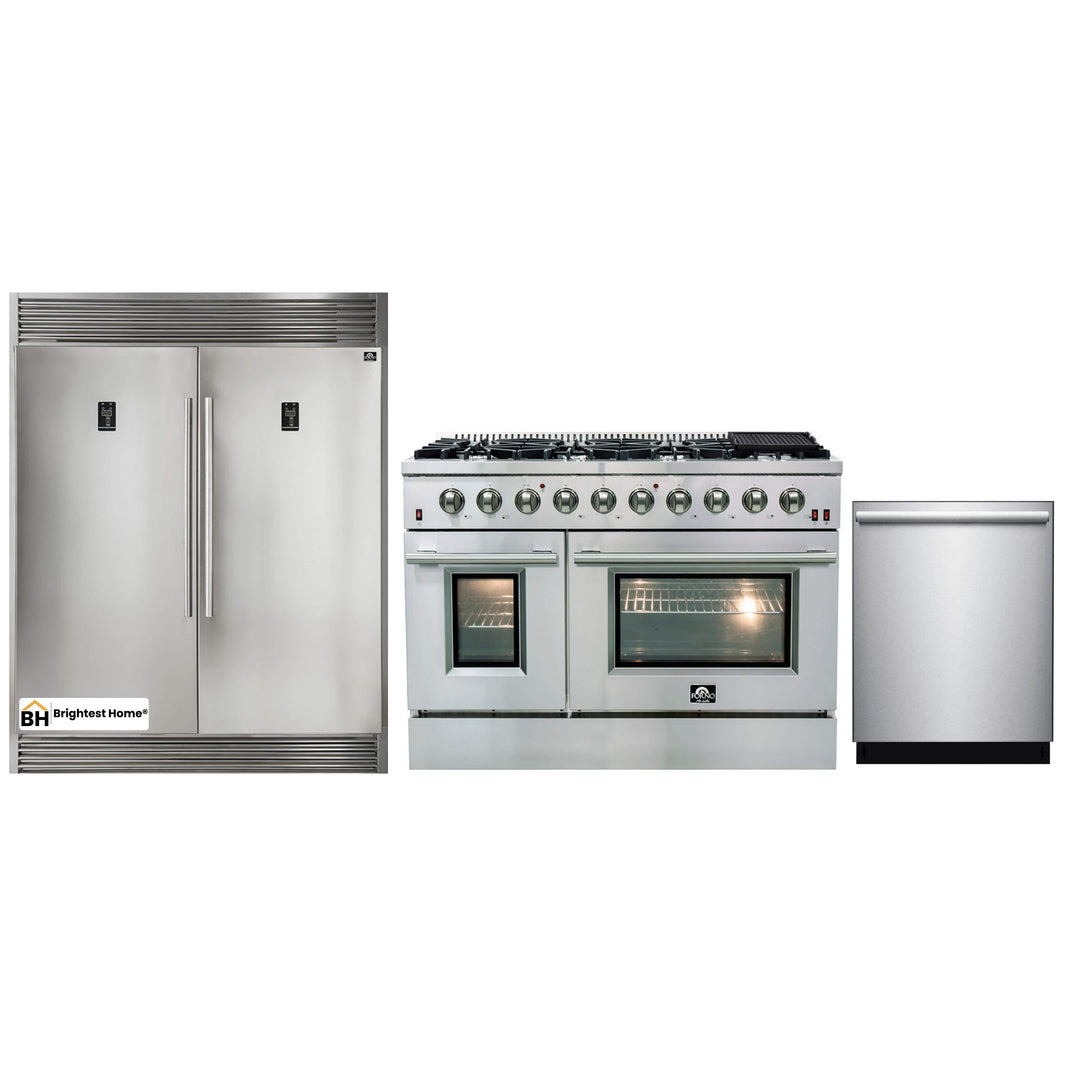 Forno 3-Piece Appliance Package - 48-Inch Gas Range, Pro-Style Refrigerator, and Dishwasher in Stainless Steel