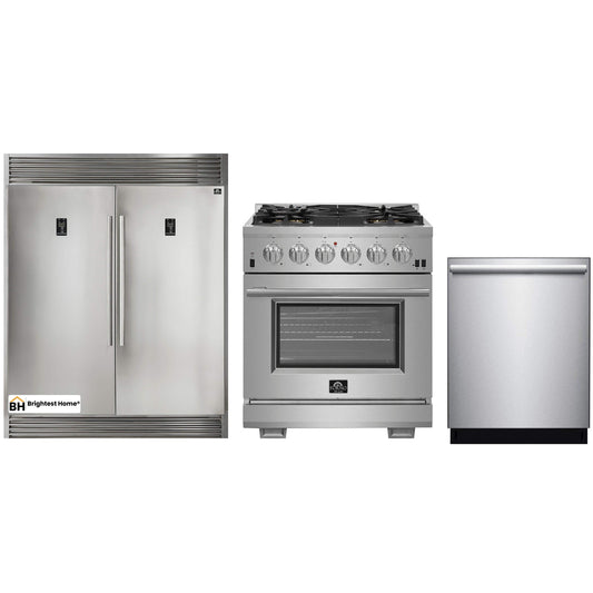 Forno 3-Piece Pro Appliance Package - 30-Inch Gas Range, Pro-Style Refrigerator, and Dishwasher in Stainless Steel