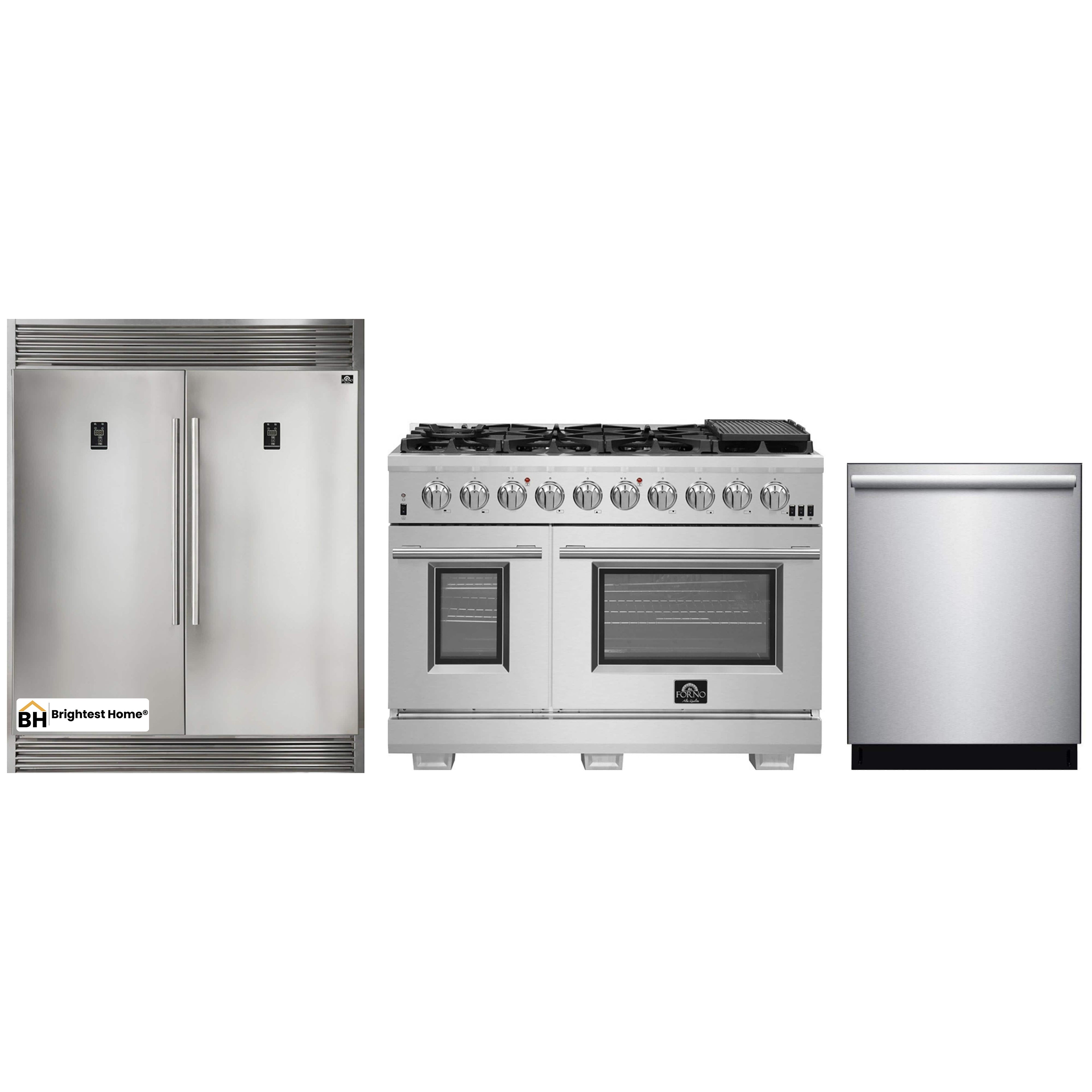 Forno 3-Piece Pro Appliance Package - 48-Inch Gas Range, 56-Inch Pro-Style Refrigerator, and Dishwasher in Stainless Steel