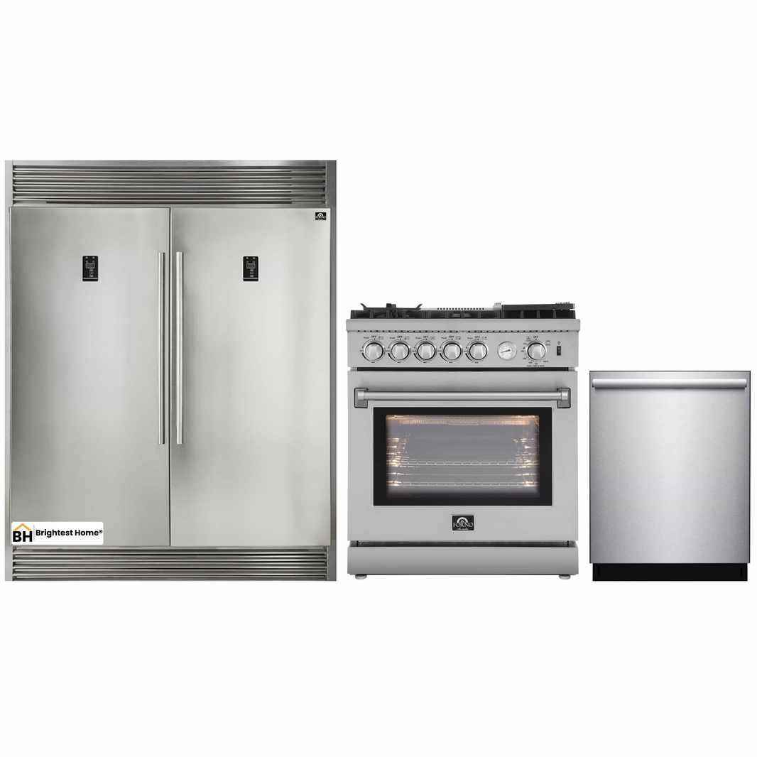 Forno 3-Piece Appliance Package - 30-Inch Gas Range with Air Fryer, Pro-Style Refrigerator, and Dishwasher in Stainless Steel