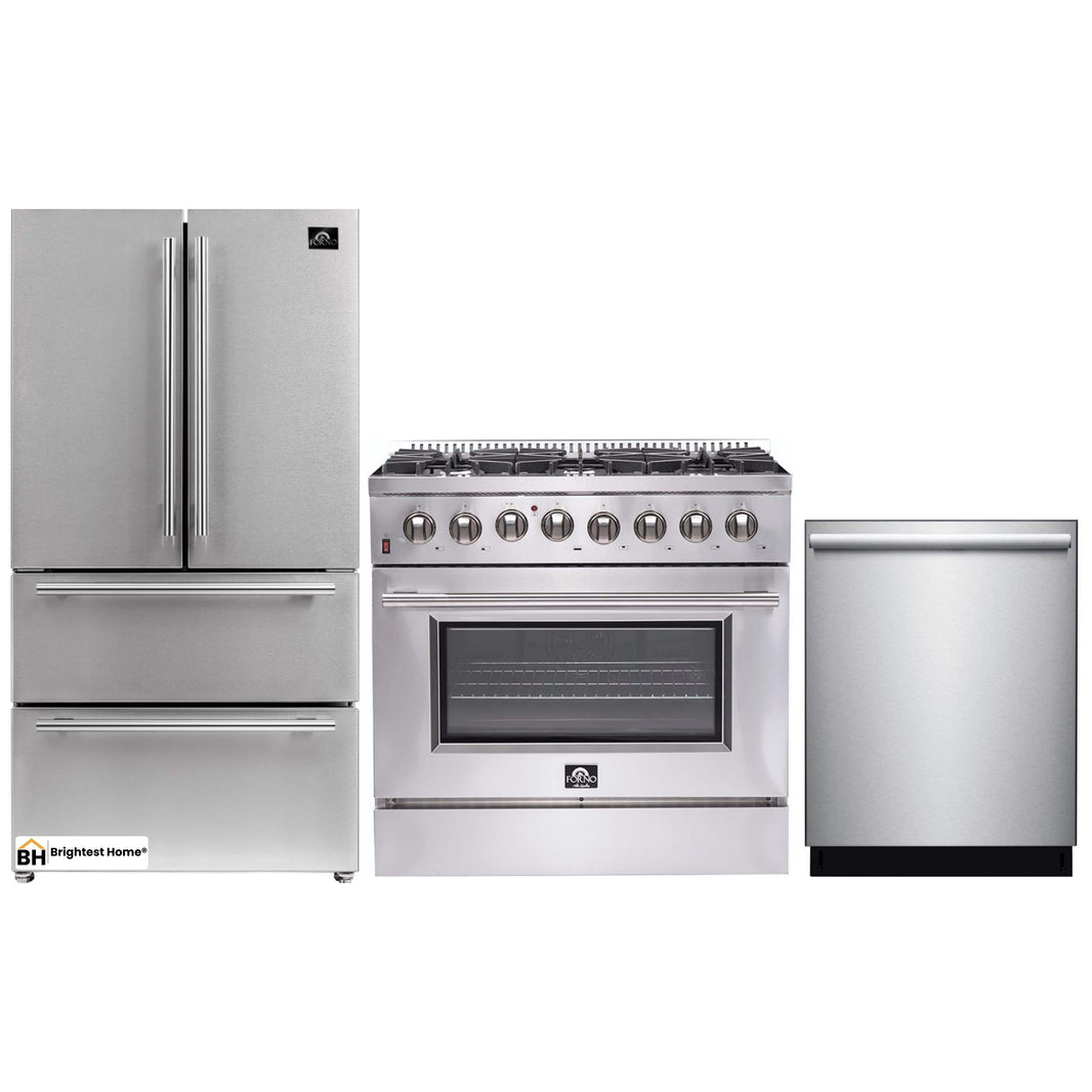 Forno 3-Piece Appliance Package - 36-Inch Dual Fuel Range, French Door Refrigerator, and Dishwasher in Stainless Steel