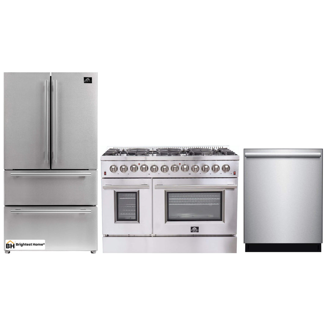 Forno 3-Piece Appliance Package - 48-Inch Dual Fuel Range, French Door Refrigerator, and Dishwasher in Stainless Steel