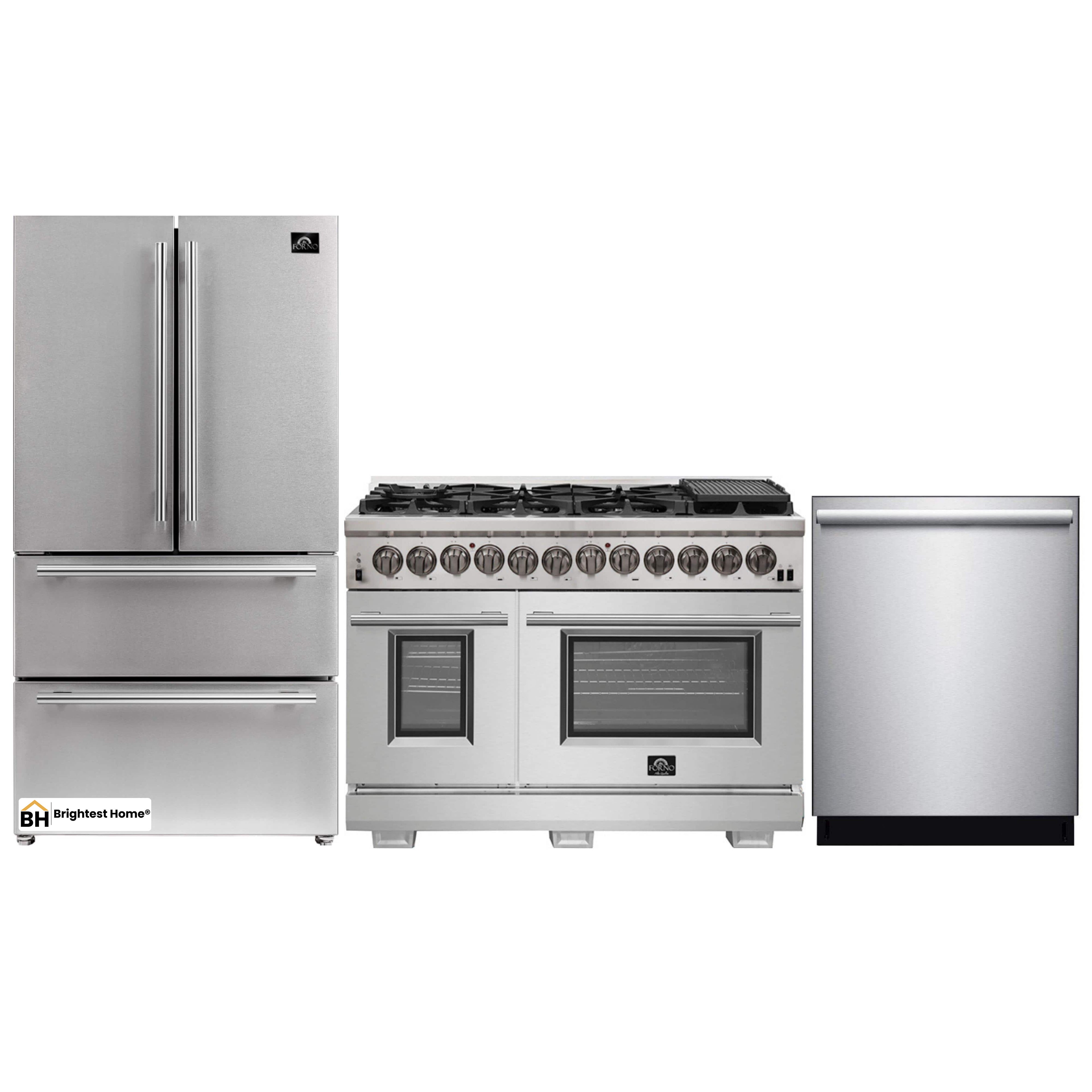 Forno 3-Piece Pro Appliance Package - 48-Inch Dual Fuel Range, French Door Refrigerator, and Dishwasher in Stainless Steel