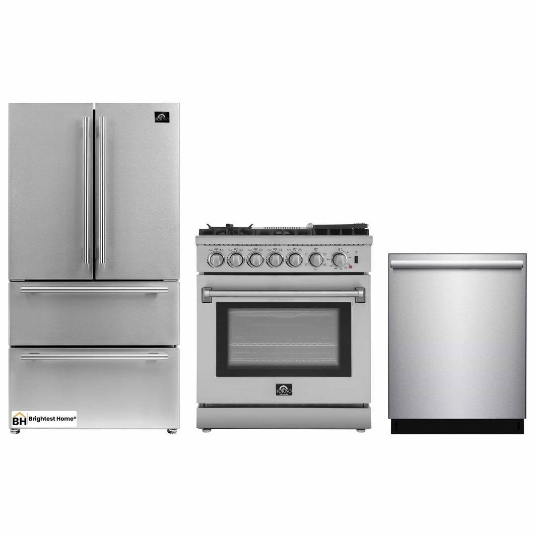 Forno 3-Piece Appliance Package - 30-Inch Dual Fuel Range with Air Fryer, French Door Refrigerator, and Dishwasher in Stainless Steel