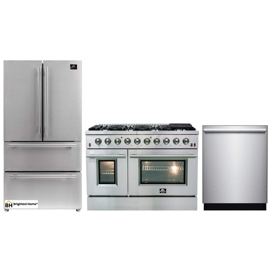 Forno 3-Piece Appliance Package - 48-Inch Gas Range, French Door Refrigerator, and Dishwasher in Stainless Steel