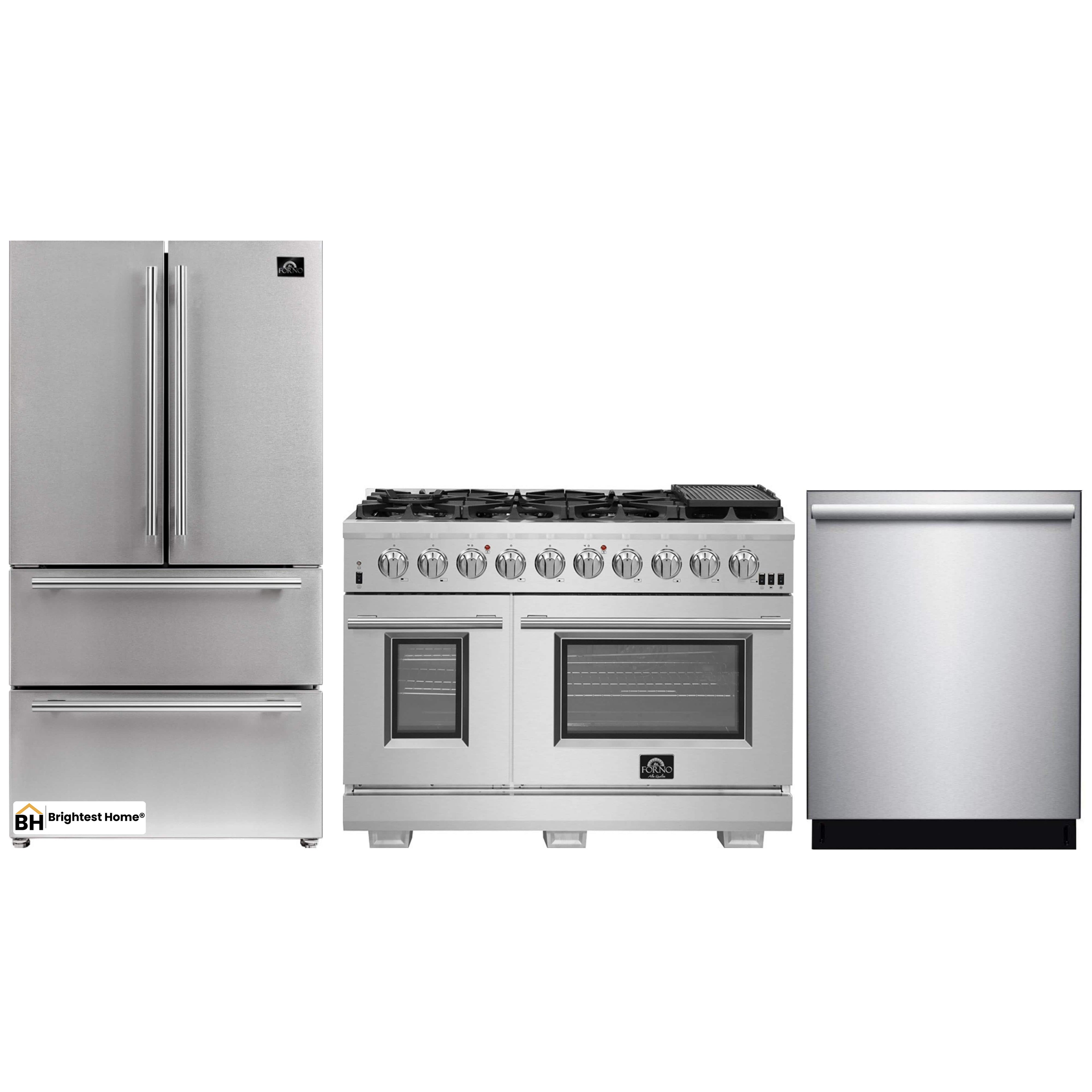 Forno 3-Piece Pro Appliance Package - 48-Inch Gas Range, French Door Refrigerator, and Dishwasher in Stainless Steel