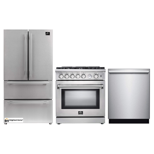 Forno 3-Piece Appliance Package - 30-Inch Gas Range, French Door Refrigerator, and Dishwasher in Stainless Steel