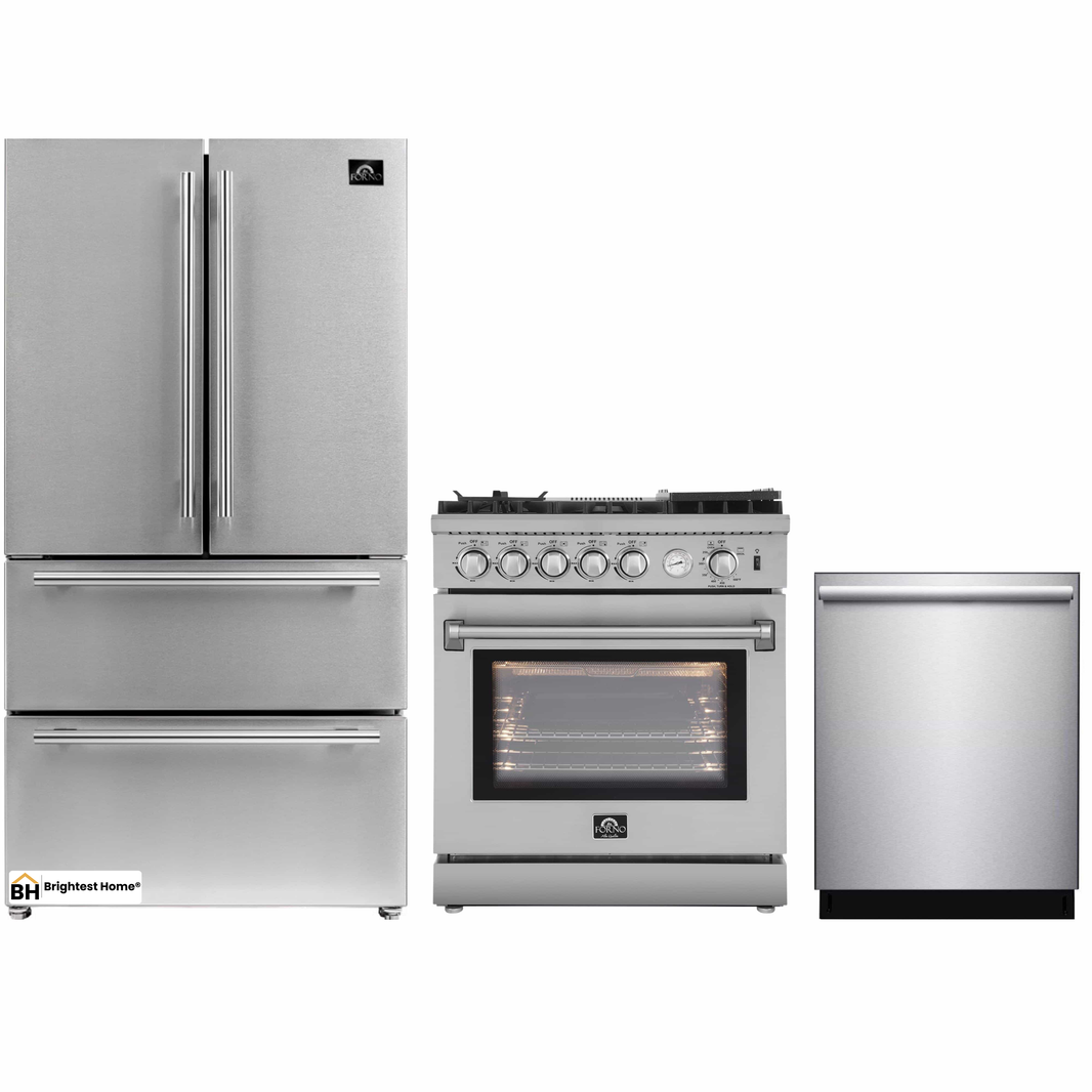 Forno 3-Piece Appliance Package - 30-Inch Gas Range with Air Fryer, French Door Refrigerator, and Dishwasher in Stainless Steel