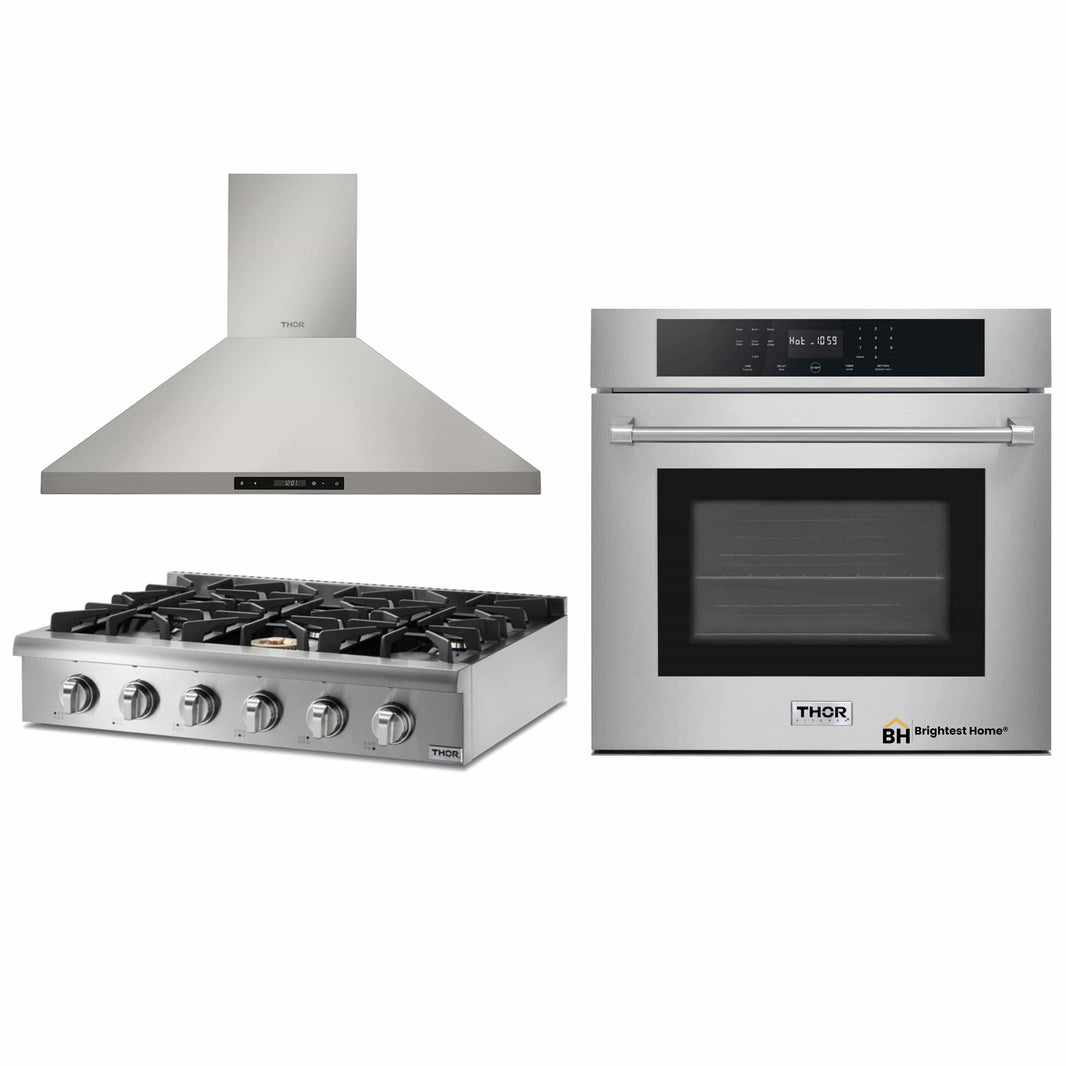 Thor Kitchen 3-Piece Pro Appliance Package - 36-Inch Rangetop, Electric Wall Oven & Wall Mount Hood in Stainless Steel