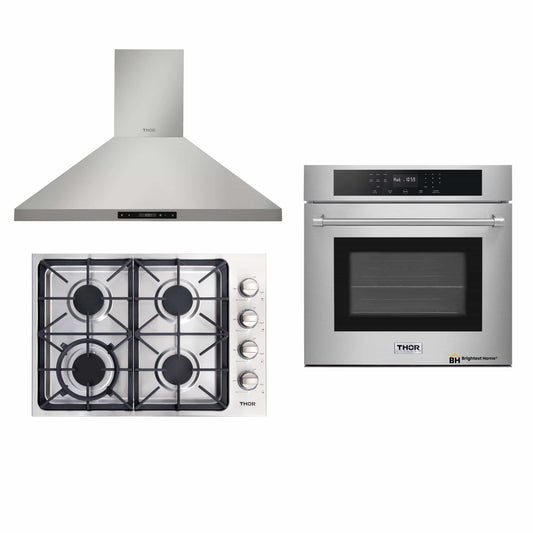 Thor Kitchen 3-Piece Pro Appliance Package - 30-Inch Gas Cooktop, Electric Wall Oven & Wall Mount Hood in Stainless Steel