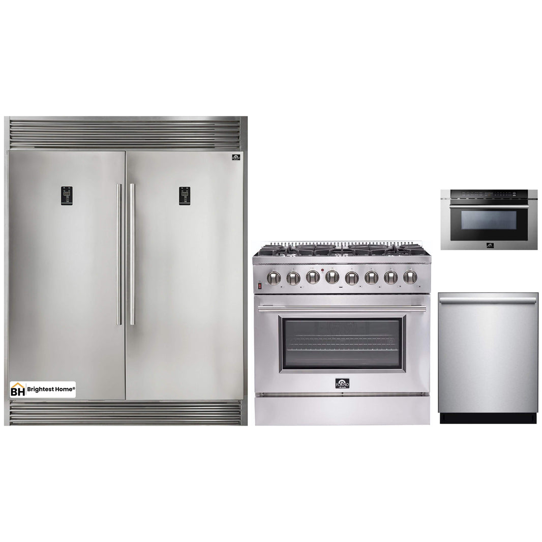 Forno 4-Piece Appliance Package - 36-Inch Dual Fuel Range, 56-Inch Pro-Style Refrigerator, Microwave Drawer, & 3-Rack Dishwasher in Stainless Steel