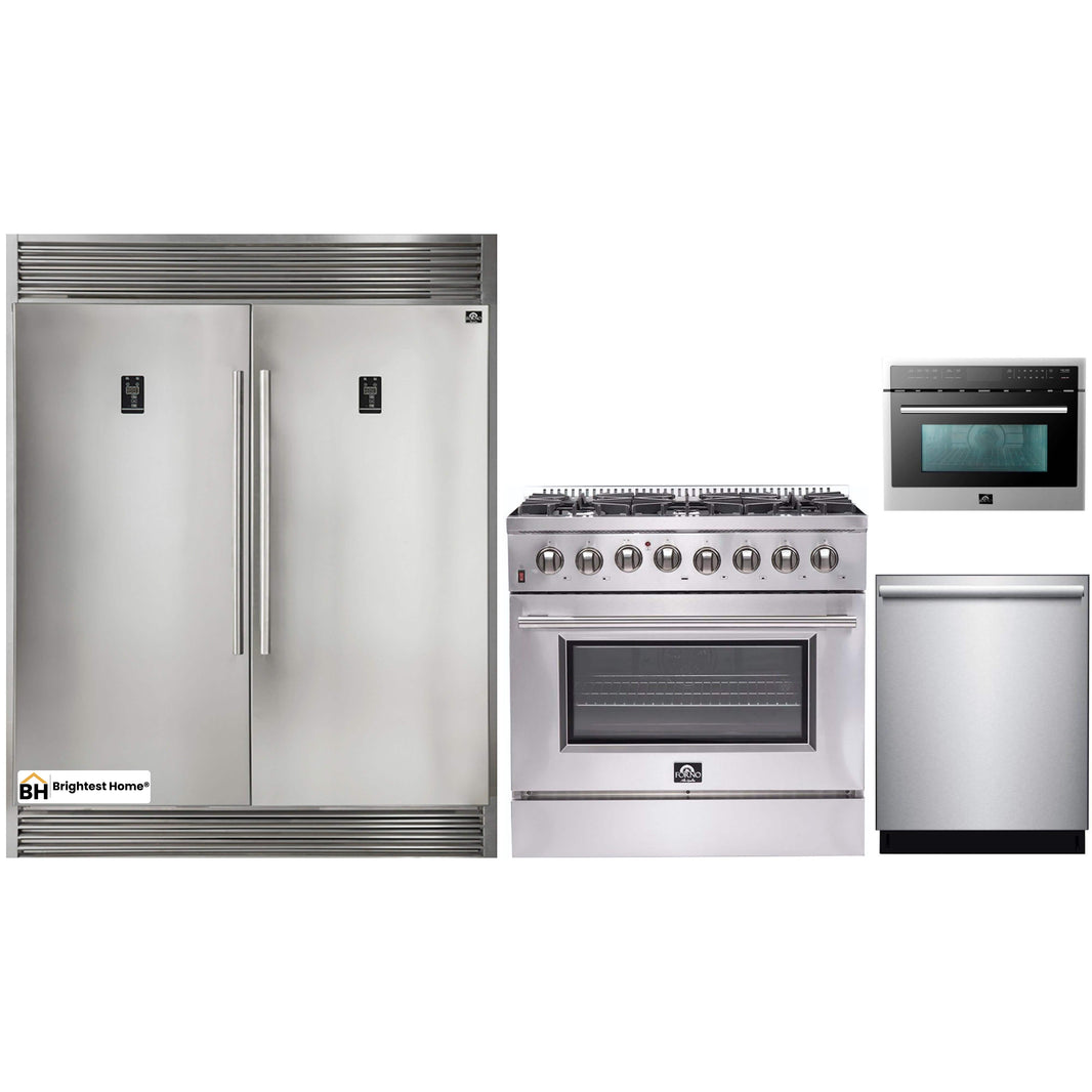 Forno 4-Piece Appliance Package - 36-Inch Dual Fuel Range, 56-Inch Pro-Style Refrigerator, Microwave Oven, & 3-Rack Dishwasher in Stainless Steel