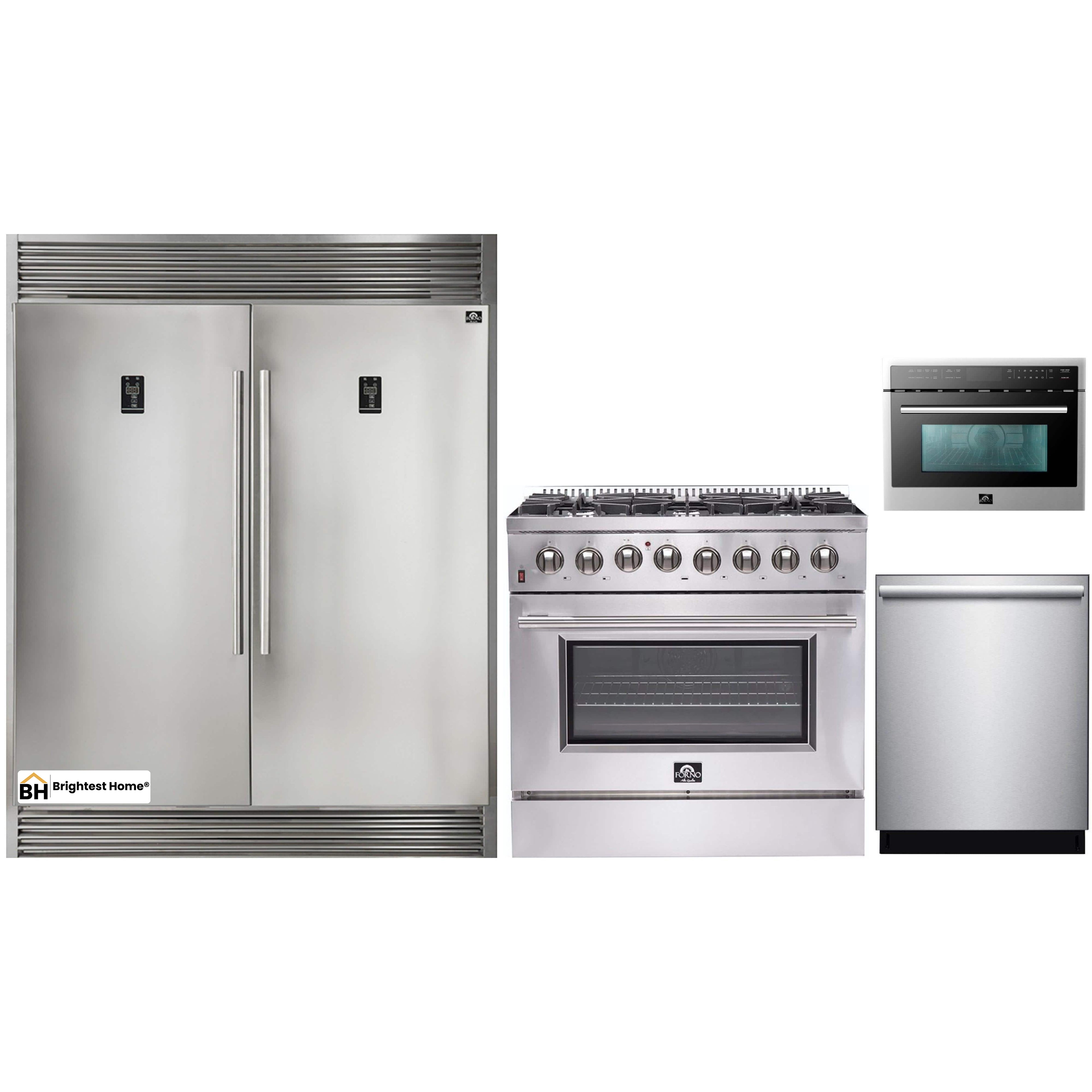 Forno 4-Piece Appliance Package - 36-Inch Dual Fuel Range, 56-Inch Pro-Style Refrigerator, Microwave Oven, & 3-Rack Dishwasher in Stainless Steel