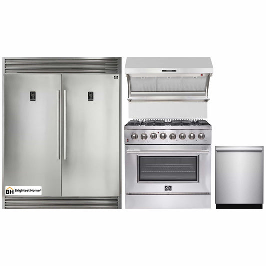 Forno 4-Piece Appliance Package - 36-Inch Dual Fuel Range, 56-Inch Pro-Style Refrigerator, Wall Mount Hood with Backsplash, & 3-Rack Dishwasher in Stainless Steel