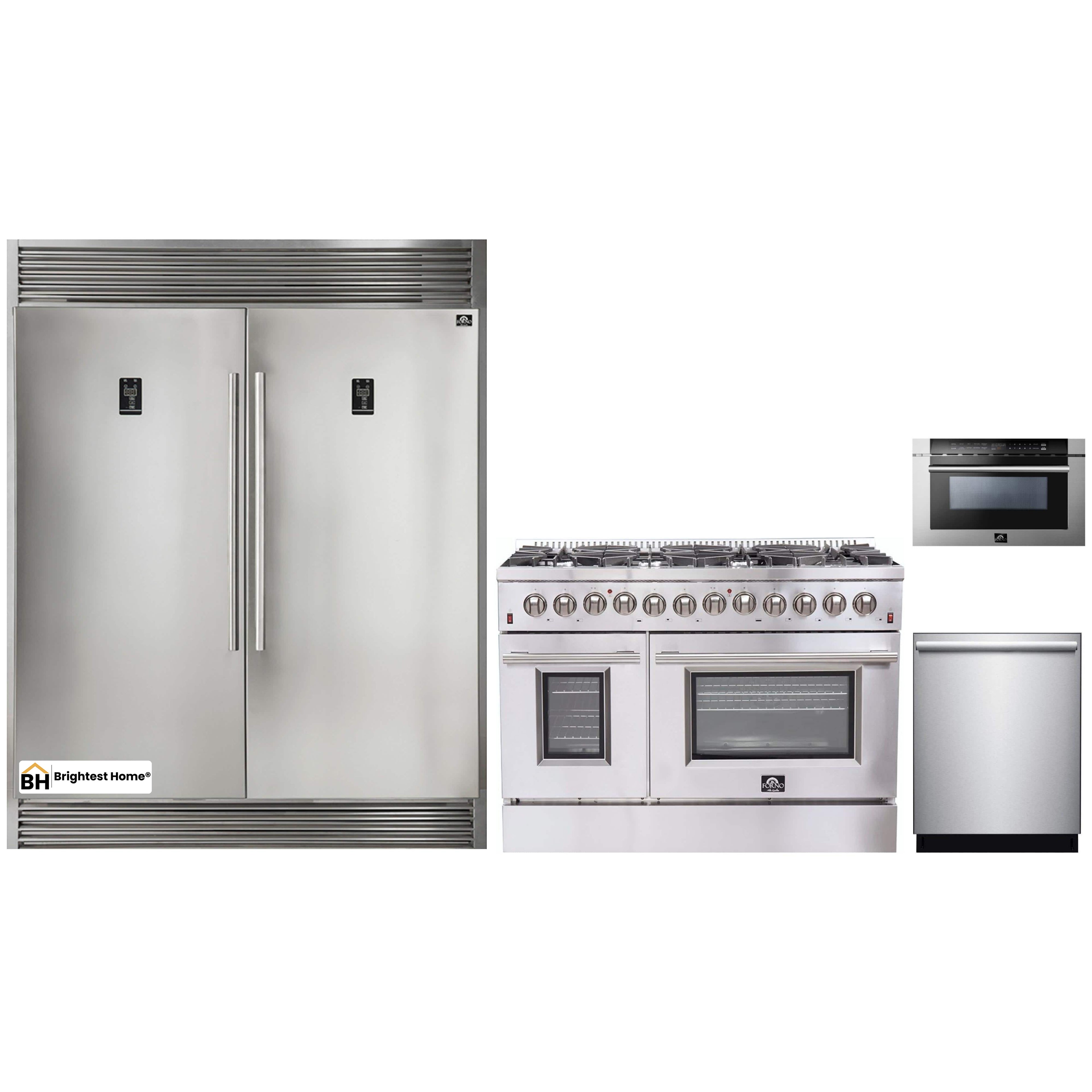 Forno 4-Piece Appliance Package - 48-Inch Dual Fuel Range, 56-Inch Pro-Style Refrigerator, Microwave Drawer, & 3-Rack Dishwasher in Stainless Steel