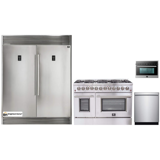 Forno 4-Piece Appliance Package - 48-Inch Dual Fuel Range, 56-Inch Pro-Style Refrigerator, Microwave Oven, & 3-Rack Dishwasher in Stainless Steel