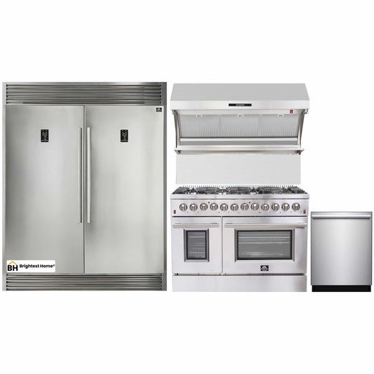 Forno 4-Piece Appliance Package - 48-Inch Dual Fuel Range, 56-Inch Pro-Style Refrigerator, Wall Mount Hood with Backsplash, & 3-Rack Dishwasher in Stainless Steel