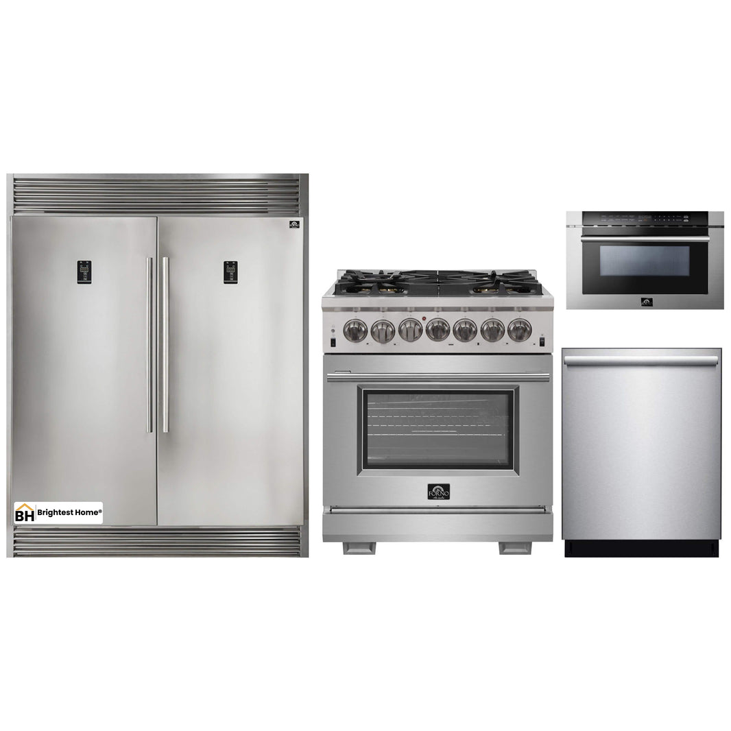 Forno 4-Piece Pro Appliance Package - 30-Inch Dual Fuel Range, 56-Inch Pro-Style Refrigerator, Microwave Drawer, & 3-Rack Dishwasher in Stainless Steel