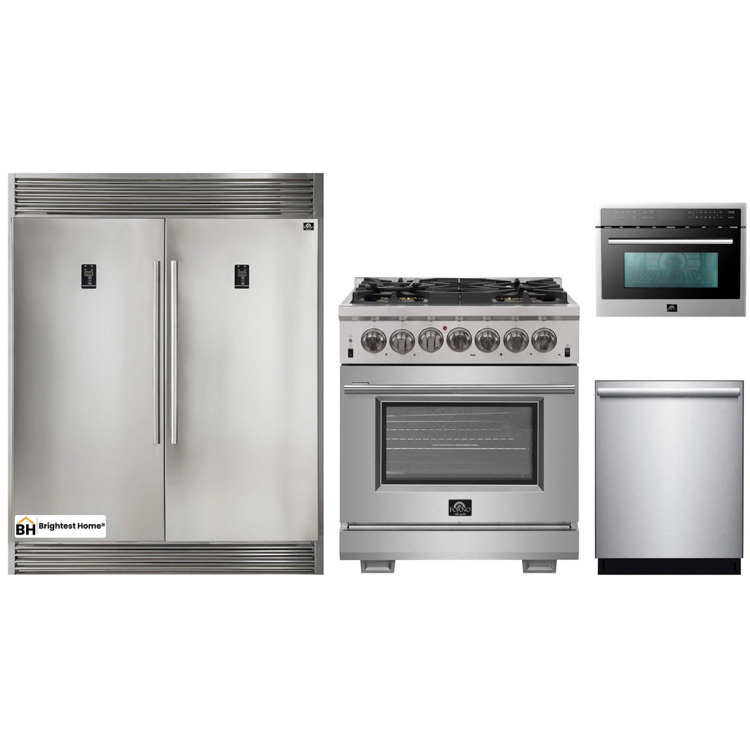 Forno 4-Piece Pro Appliance Package - 30-Inch Dual Fuel Range, 56-Inch Pro-Style Refrigerator, Microwave Oven, & 3-Rack Dishwasher in Stainless Steel