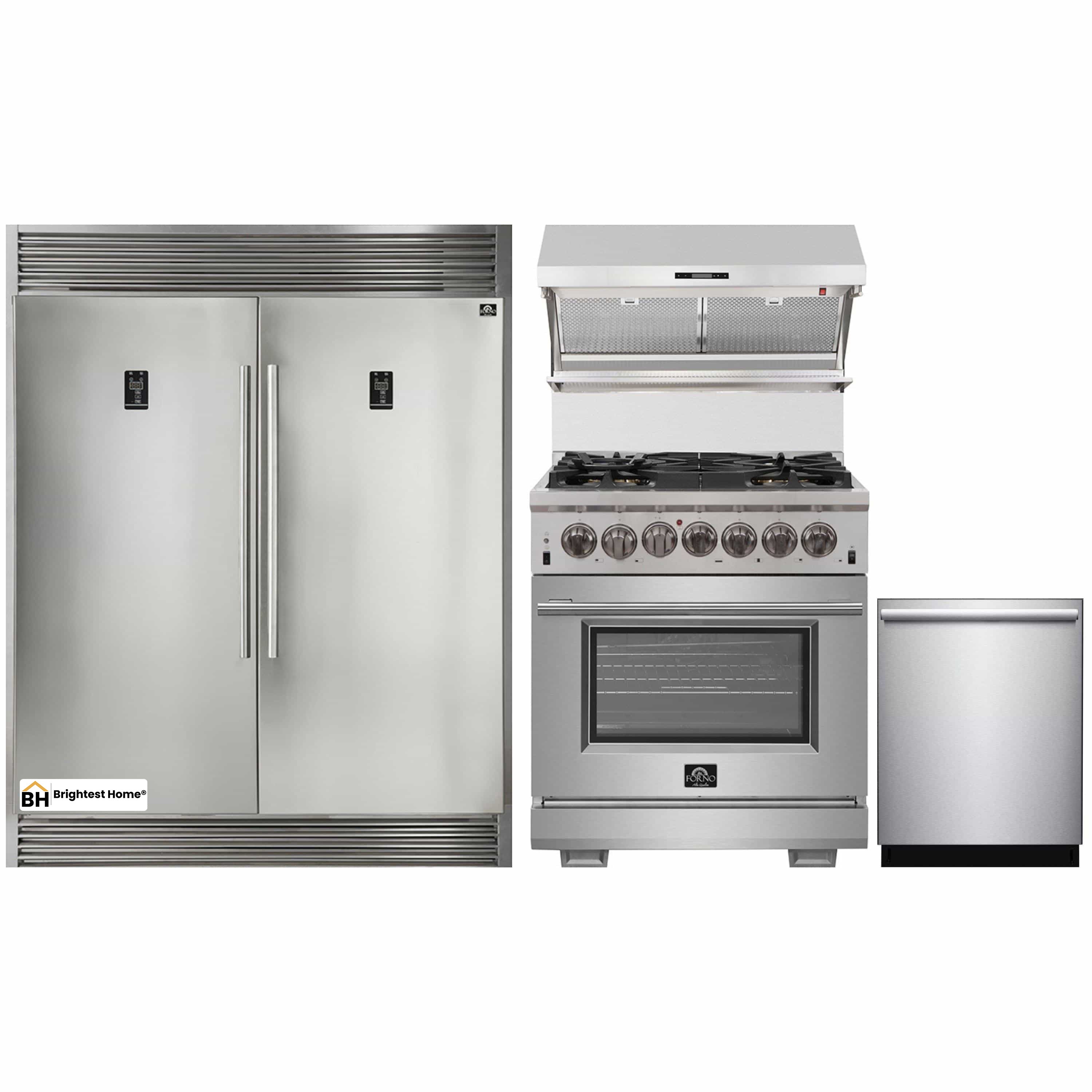 Forno 4-Piece Pro Appliance Package - 30-Inch Dual Fuel Range, Premium Hood, Pro-Style Refrigerator, and Dishwasher in Stainless Steel