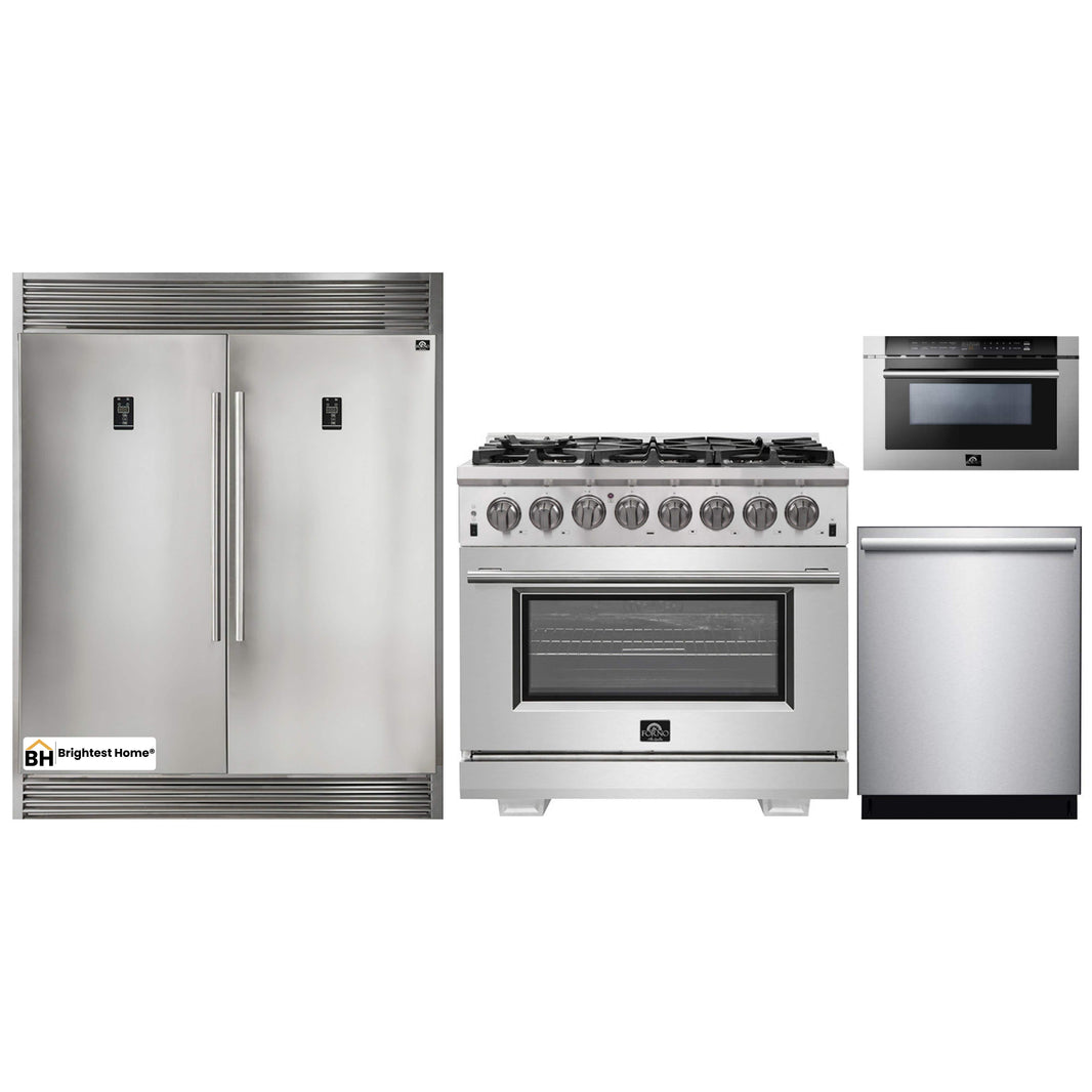 Forno 4-Piece Pro Appliance Package - 36-Inch Dual Fuel Range, 56-Inch Pro-Style Refrigerator, Microwave Drawer, & 3-Rack Dishwasher in Stainless Steel