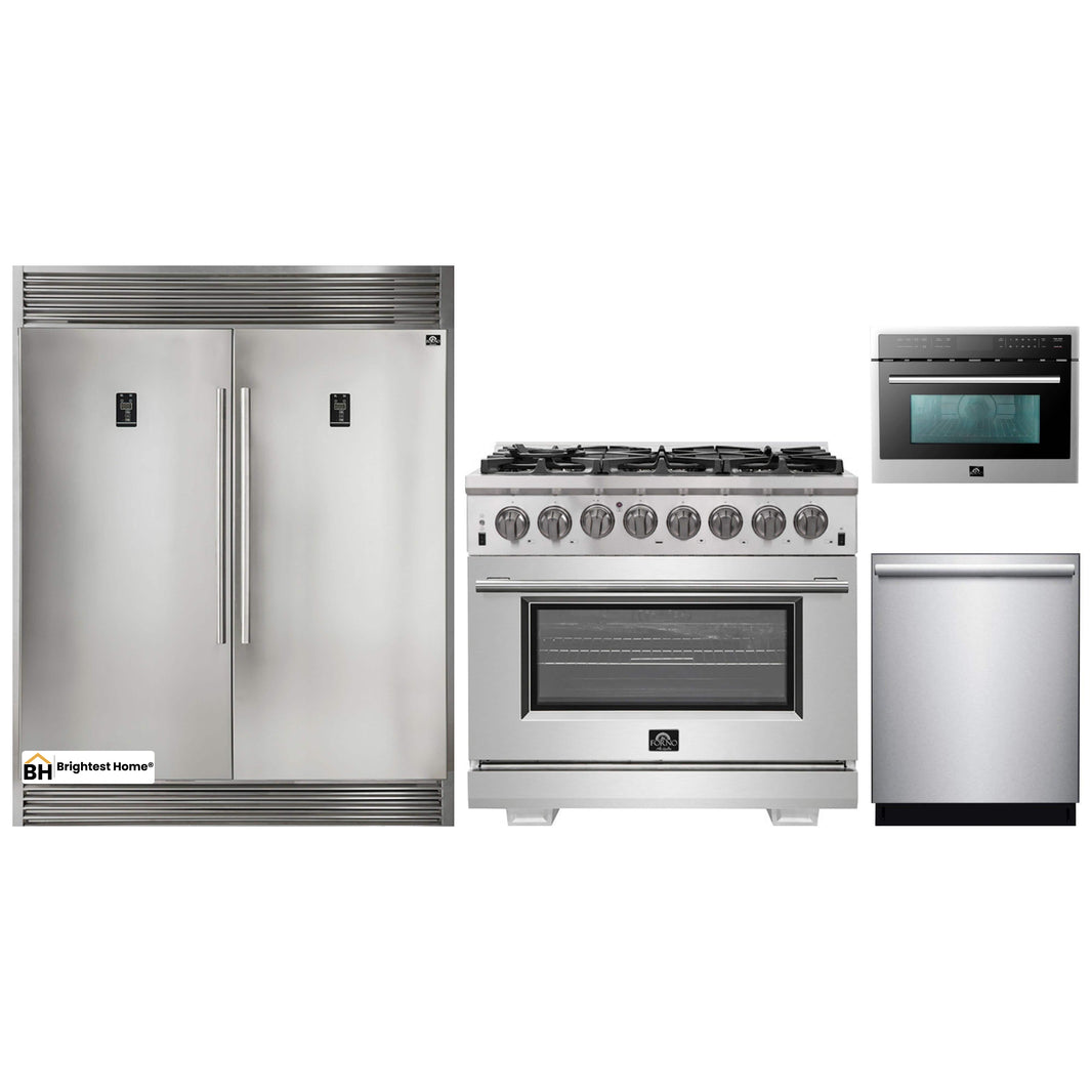 Forno 4-Piece Pro Appliance Package - 36-Inch Dual Fuel Range, 56-Inch Pro-Style Refrigerator, Microwave Oven, & 3-Rack Dishwasher in Stainless Steel