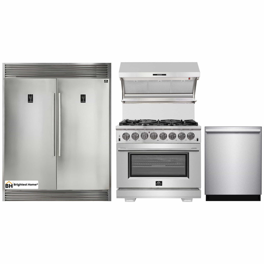 Forno 4-Piece Pro Appliance Package - 36-Inch Dual Fuel Range, Pro-Style Refrigerator, Wall Mount Hood with Backsplash, and Dishwasher in Stainless Steel