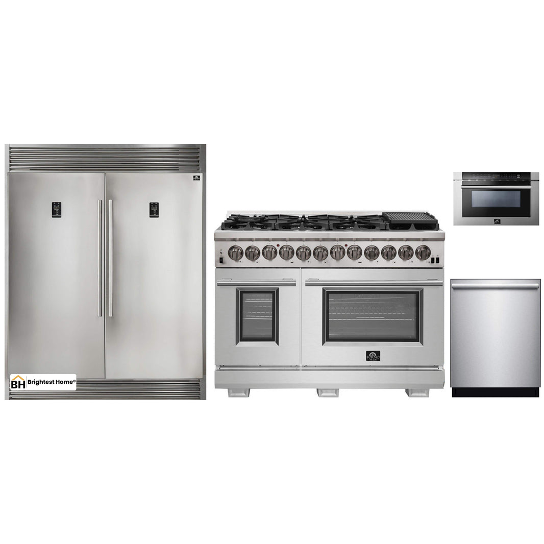 Forno 4-Piece Pro Appliance Package - 48-Inch Dual Fuel Range, 56-Inch Pro-Style Refrigerator, Microwave Drawer, & 3-Rack Dishwasher in Stainless Steel