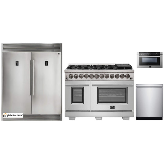 Forno 4-Piece Pro Appliance Package - 48-Inch Dual Fuel Range, 56-Inch Pro-Style Refrigerator, Microwave Drawer, & 3-Rack Dishwasher in Stainless Steel