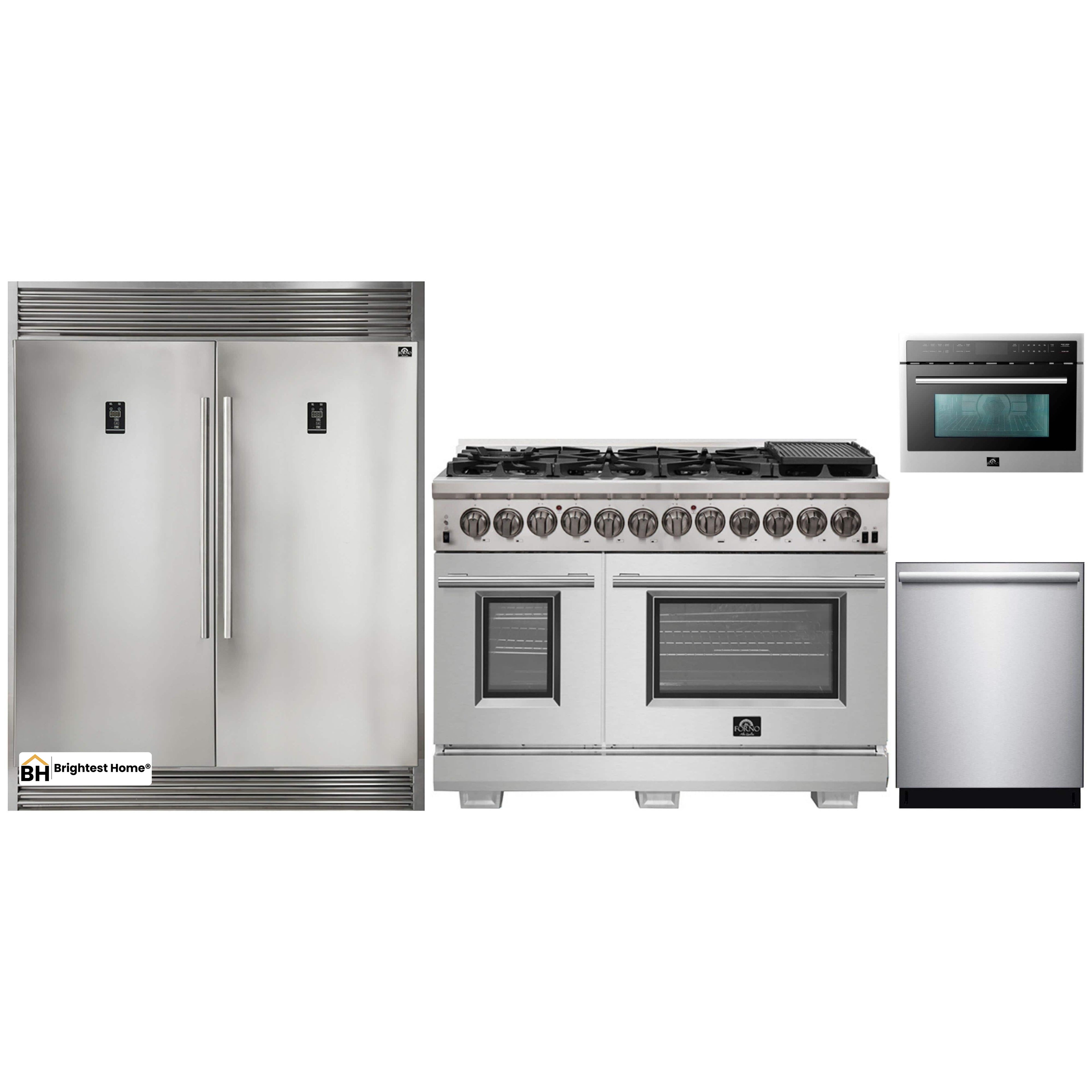 Forno 4-Piece Pro Appliance Package - 48-Inch Dual Fuel Range, 56-Inch Pro-Style Refrigerator, Microwave Oven, & 3-Rack Dishwasher in Stainless Steel