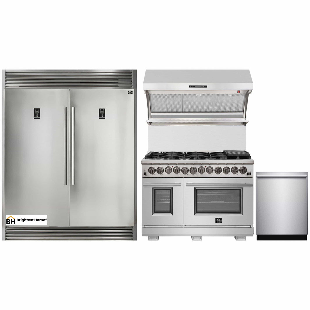 Forno 4-Piece Pro Appliance Package - 48-Inch Dual Fuel Range, 56-Inch Pro-Style Refrigerator, Wall Mount Hood with Backsplash, & Dishwasher in Stainless Steel