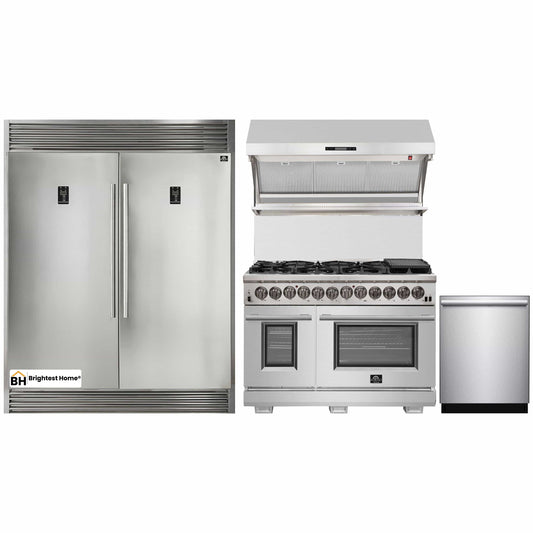 Forno 4-Piece Pro Appliance Package - 48-Inch Dual Fuel Range, 56-Inch Pro-Style Refrigerator, Wall Mount Hood with Backsplash, & Dishwasher in Stainless Steel