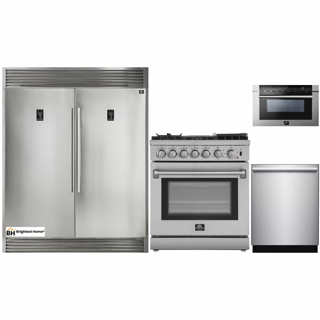 Forno 4-Piece Appliance Package - 30-Inch Dual Fuel Range with Air Fryer, 56-Inch Pro-Style Refrigerator, Microwave Drawer, & 3-Rack Dishwasher in Stainless Steel