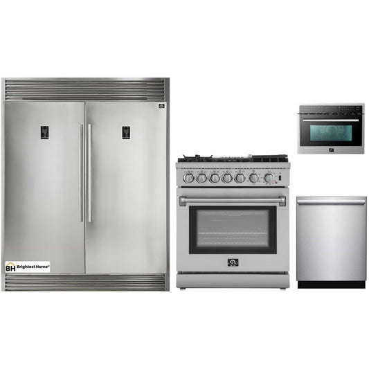 Forno 4-Piece Appliance Package - 30-Inch Dual Fuel Range with Air Fryer, 56-Inch Pro-Style Refrigerator, Microwave Oven, & 3-Rack Dishwasher in Stainless Steel