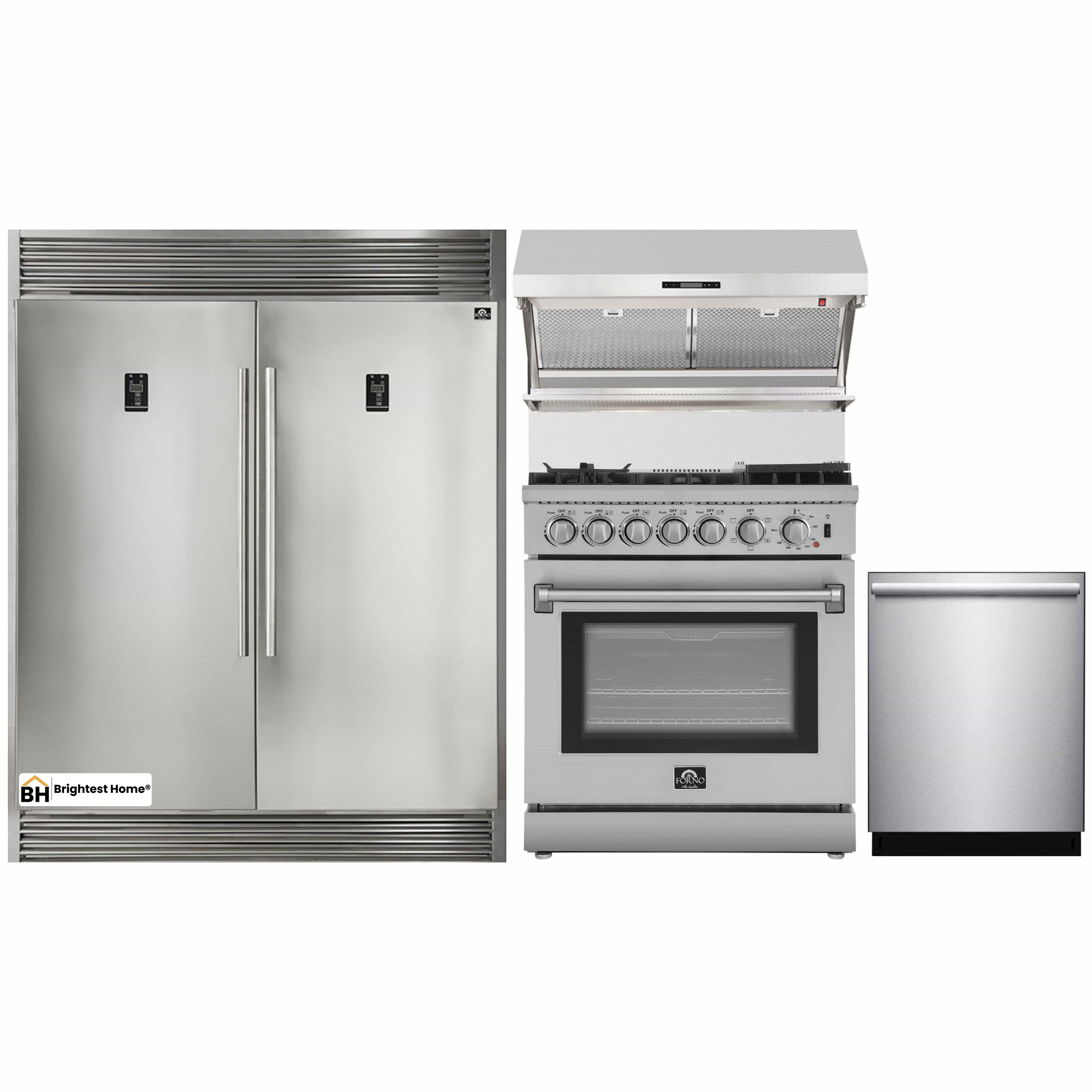 Forno 4-Piece Appliance Package - 30-Inch Dual Fuel Range with Air Fyer, 56-Inch Pro-Style Refrigerator, Wall Mount Hood with Backsplash, & 3-Rack Dishwasher in Stainless Steel