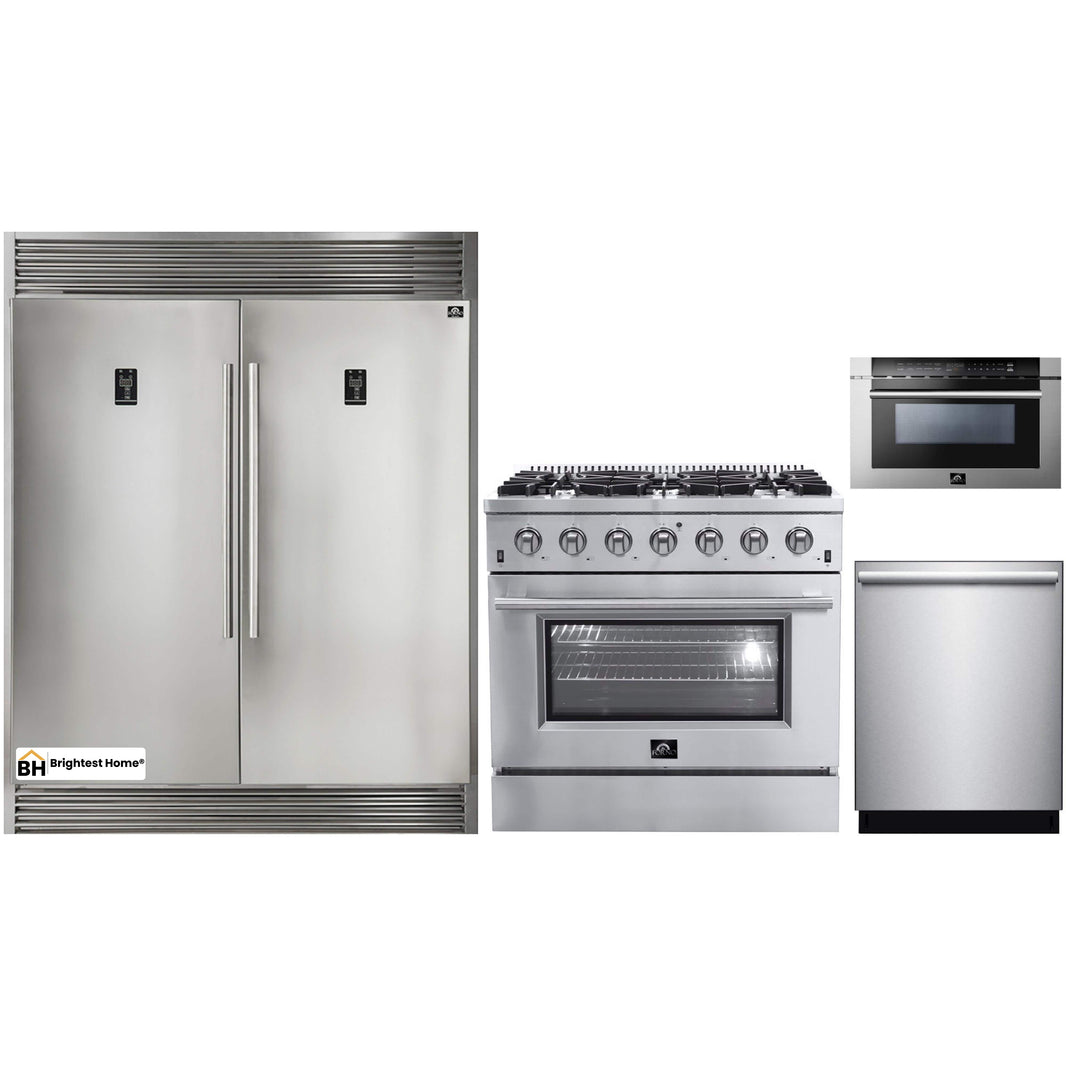 Forno 4-Piece Appliance Package - 36-Inch Gas Range, 56-Inch Pro-Style Refrigerator, Microwave Drawer, & 3-Rack Dishwasher in Stainless Steel