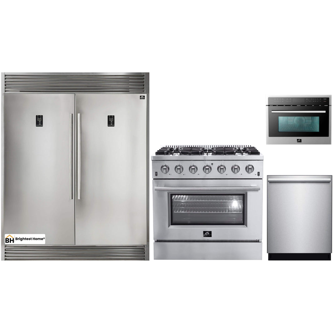 Forno 4-Piece Appliance Package - 36-Inch Gas Range, 56-Inch Pro-Style Refrigerator, Microwave Oven, & 3-Rack Dishwasher in Stainless Steel