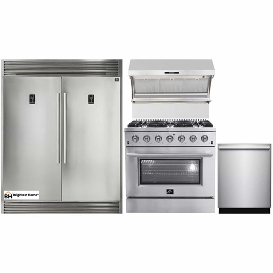 Forno 4-Piece Appliance Package - 36-Inch Gas Range, 56-Inch Pro-Style Refrigerator, Wall Mount Hood with Backsplash, & 3-Rack Dishwasher in Stainless Steel