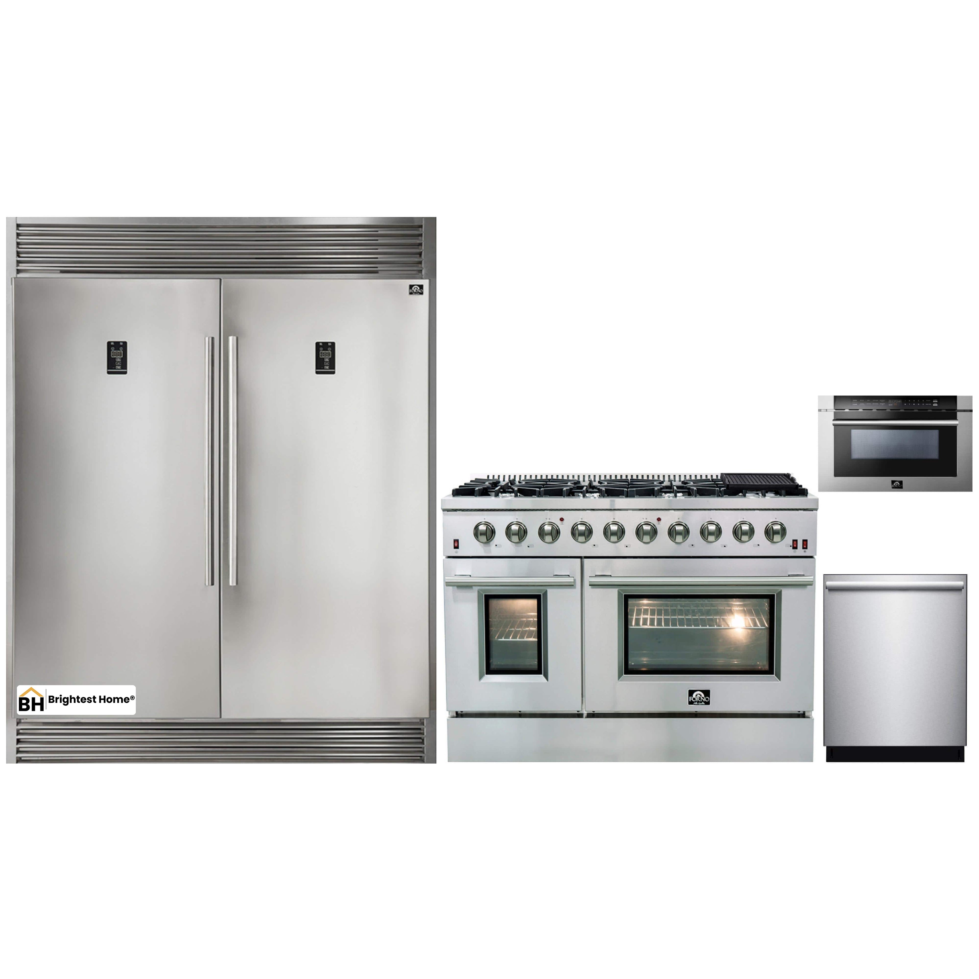 Forno 4-Piece Appliance Package - 48-Inch Gas Range, 56-Inch Pro-Style Refrigerator, Microwave Drawer, & 3-Rack Dishwasher in Stainless Steel