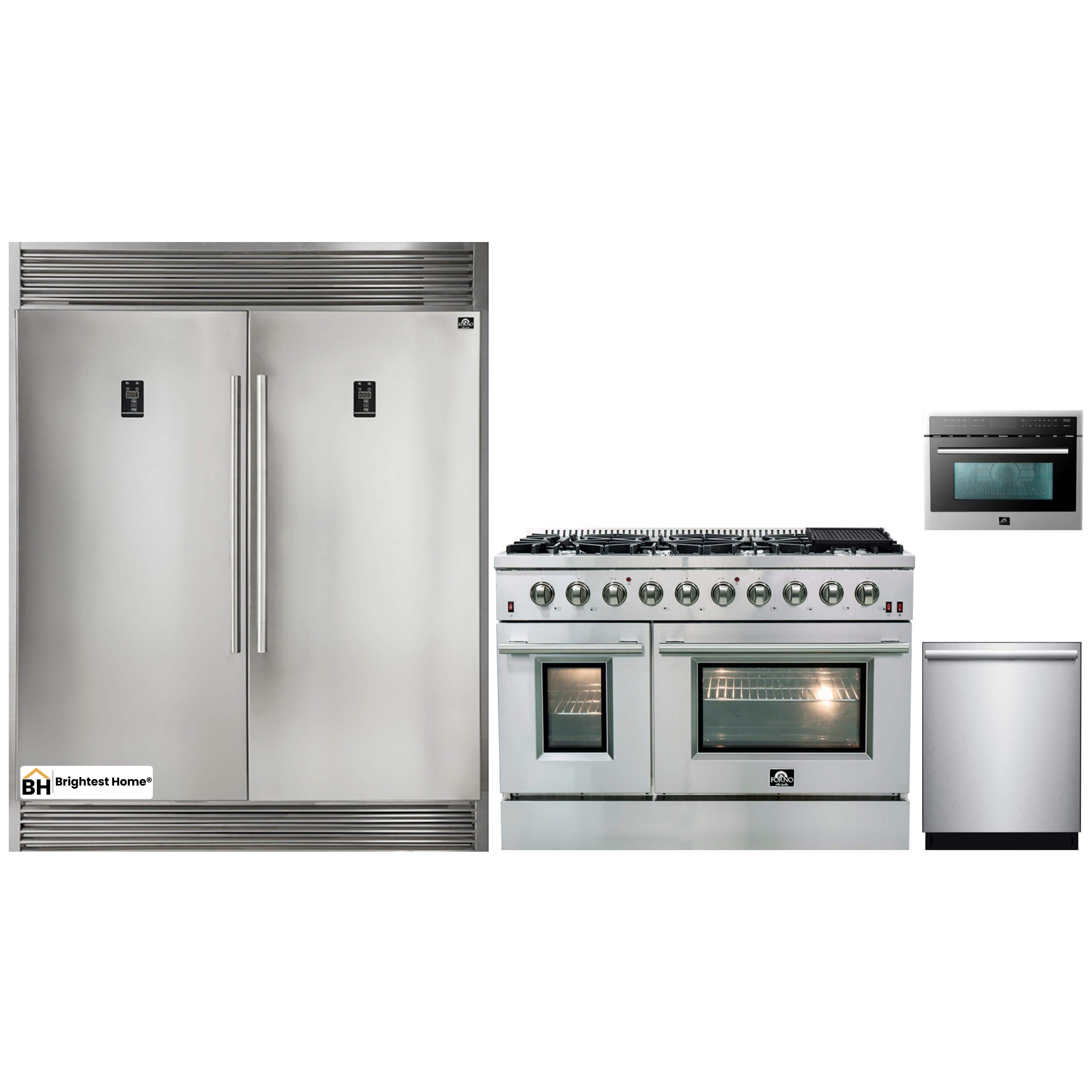 Forno 4-Piece Appliance Package - 48-Inch Gas Range, 56-Inch Pro-Style Refrigerator, Microwave Oven, & 3-Rack Dishwasher in Stainless Steel