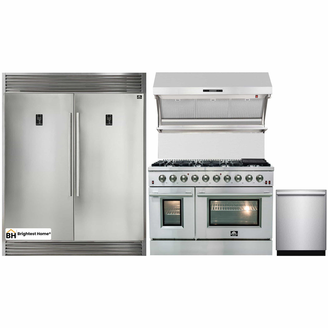 Forno 4-Piece Appliance Package - 48-Inch Gas Range, 56-Inch Pro-Style Refrigerator, Wall Mount Hood with Backsplash, & 3-Rack Dishwasher in Stainless Steel