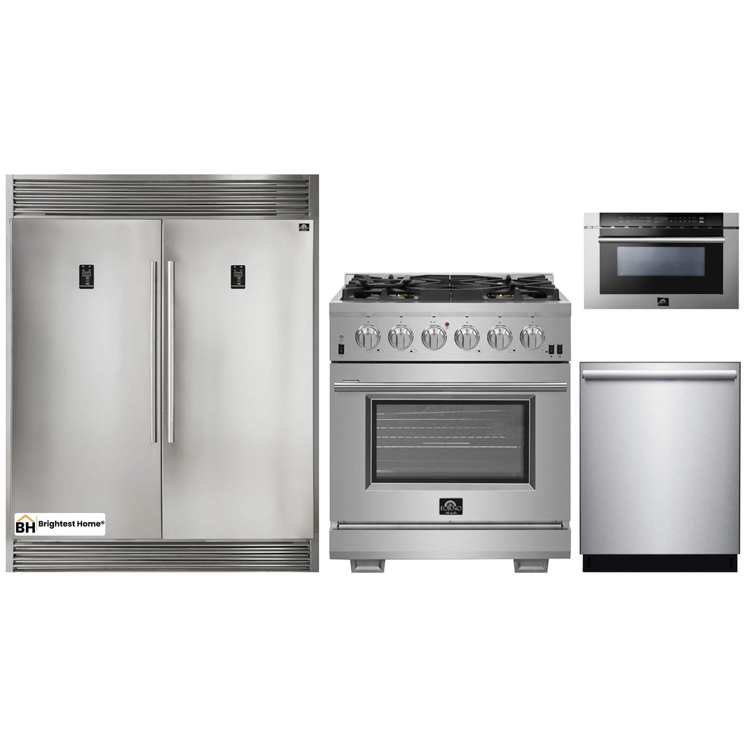 Forno 4-Piece Pro Appliance Package - 30-Inch Gas Range, 56-Inch Pro-Style Refrigerator, Microwave Drawer, & 3-Rack Dishwasher in Stainless Steel